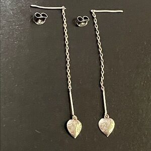 90s Y2K 925 SS Threader Earrings 4”L Delicate Chain Etched Heart Signed RMK